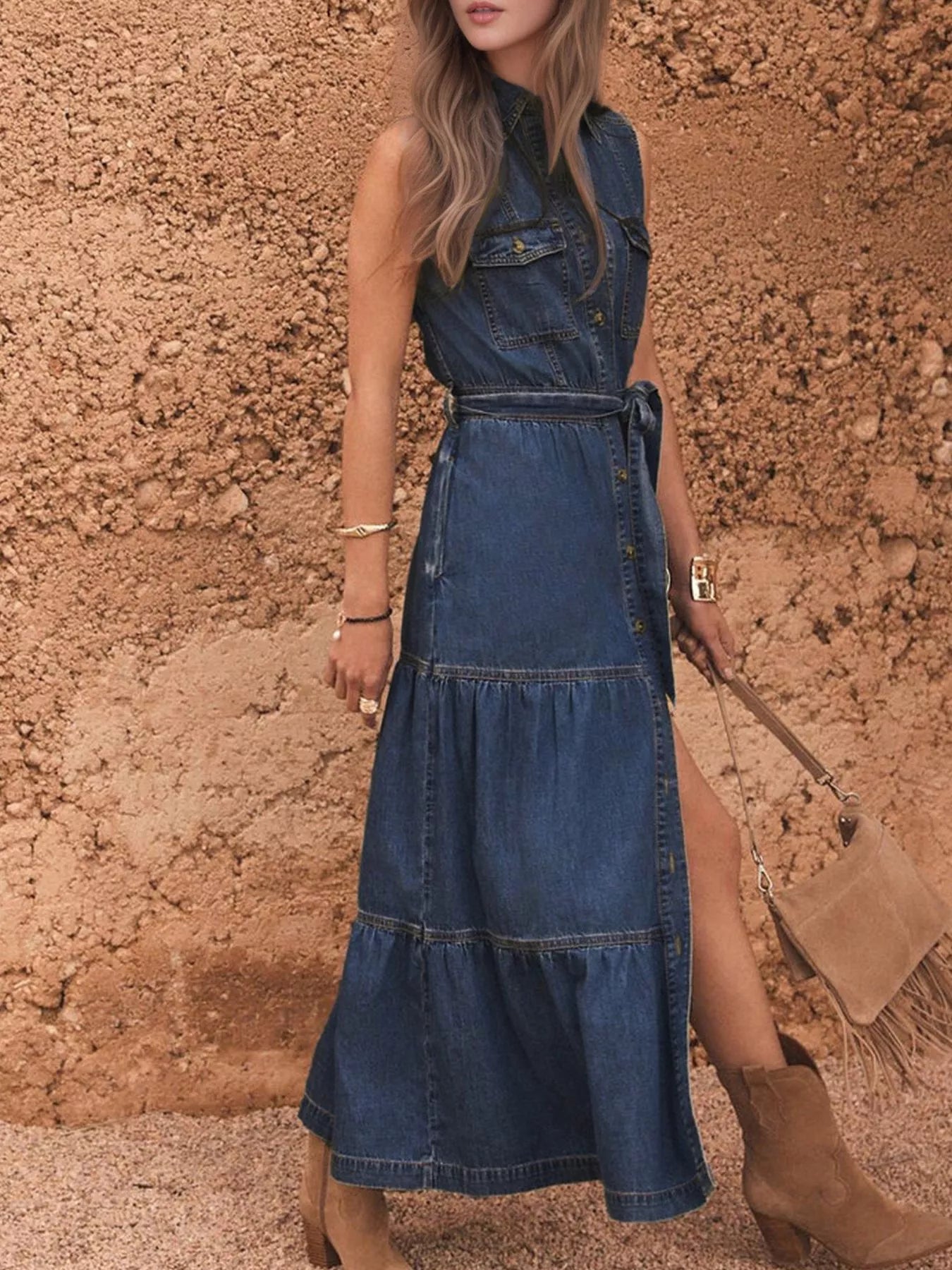 Button Front Sleeveless Denim Dress - Tiered & Belted.