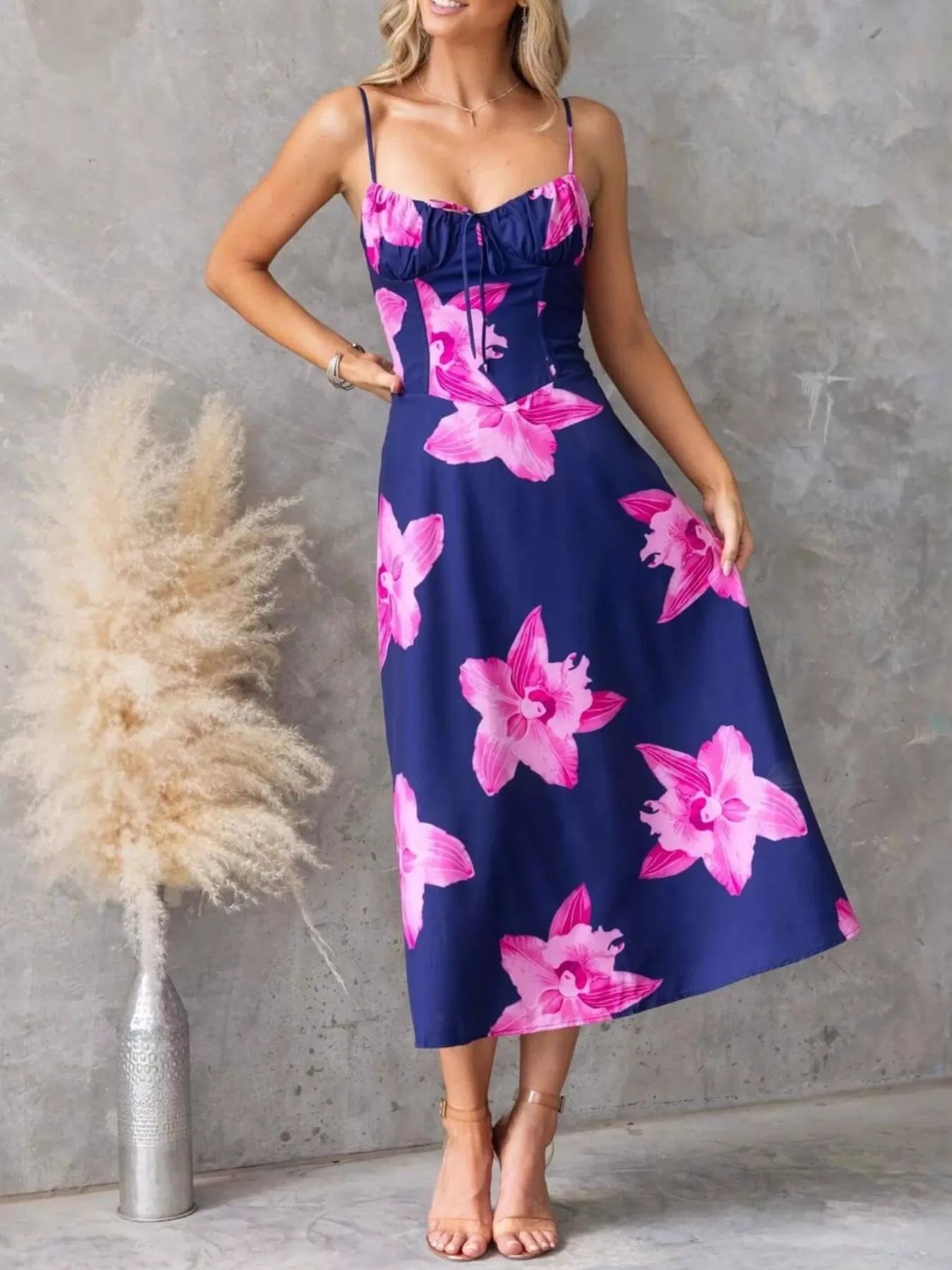 Floral Print One-Shoulder Maxi Dress - Asymmetrical.