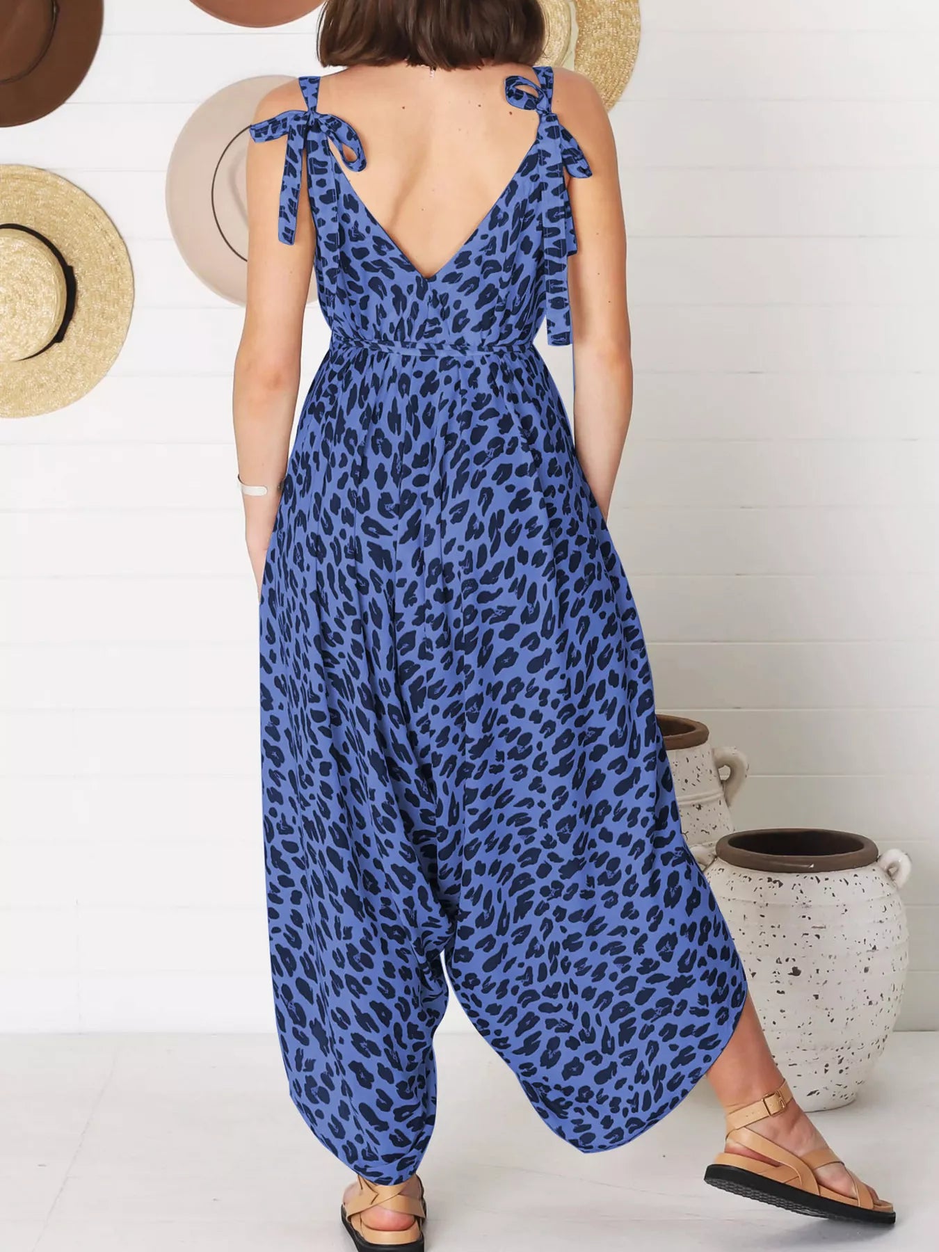 Plus Size Leopard Print V-Neck Wide Leg Jumpsuit with Tie.