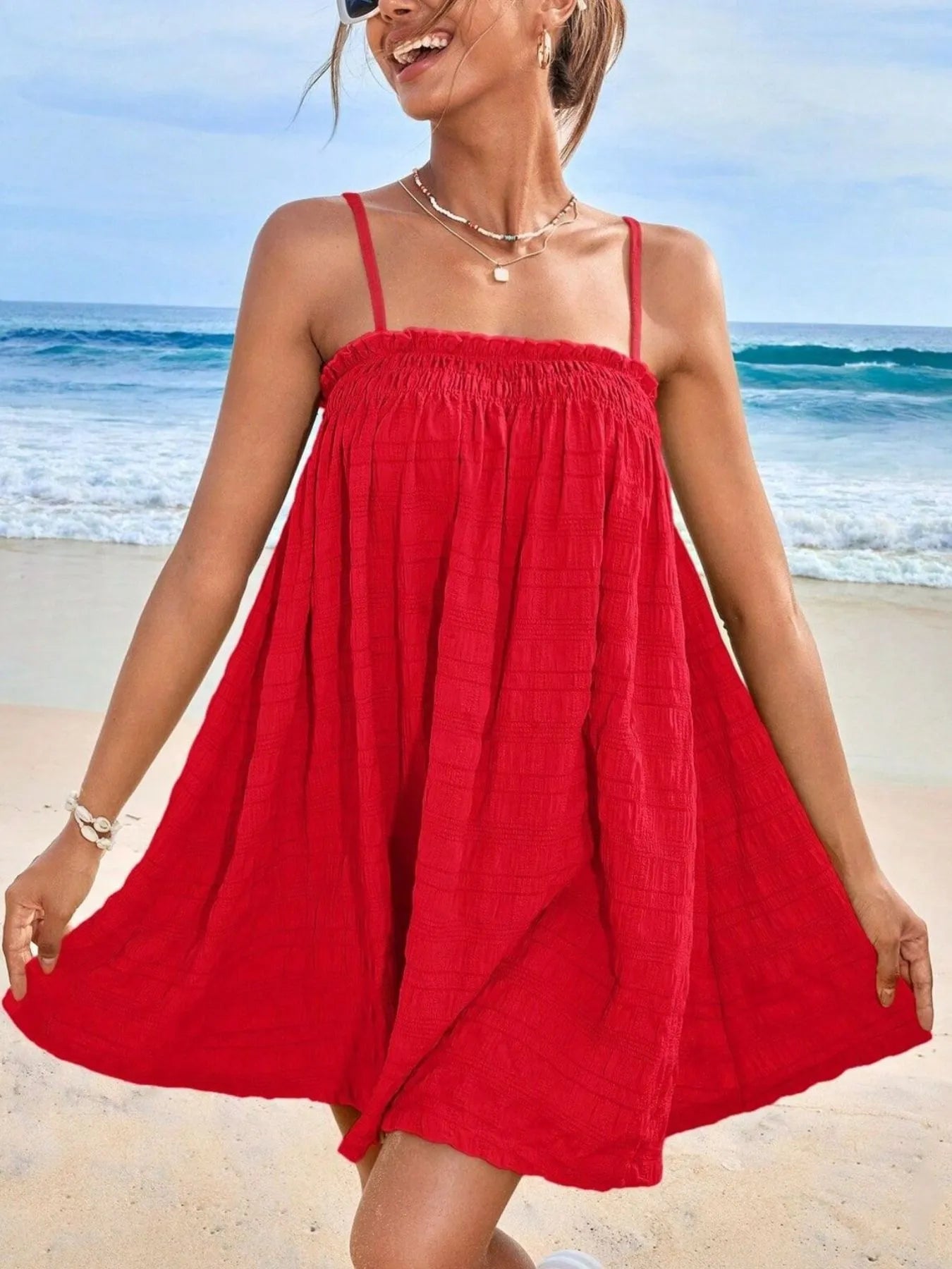 Frill Tiered Tie Shoulder Mini Dress - Lined.