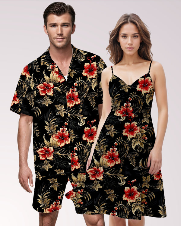 Couples Matching Outfits - Black & Red Tropical Floral