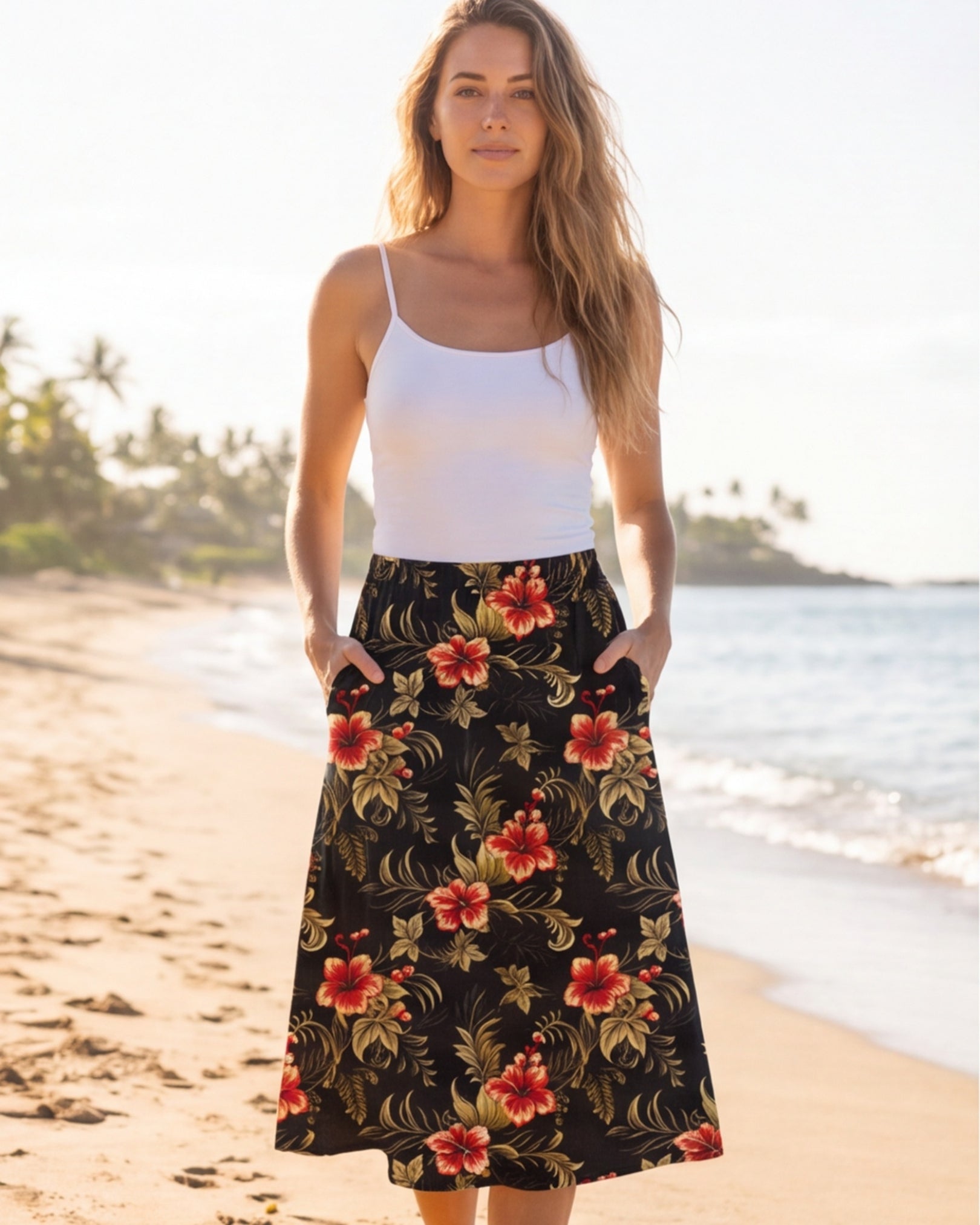 Midi Skirt - Midnight Hibiscus