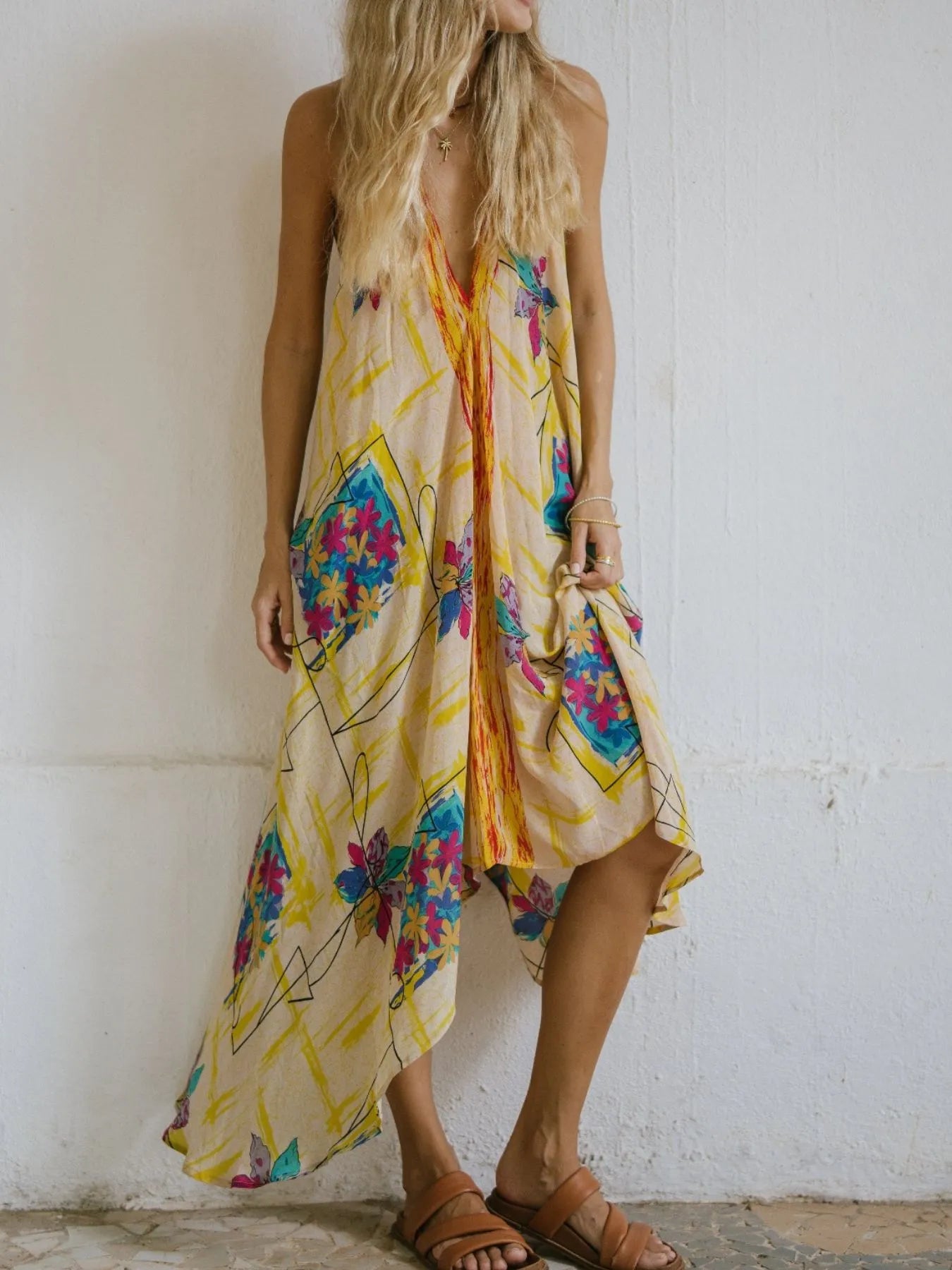 Backless Printed Halter Neck Maxi Dress - Tied.