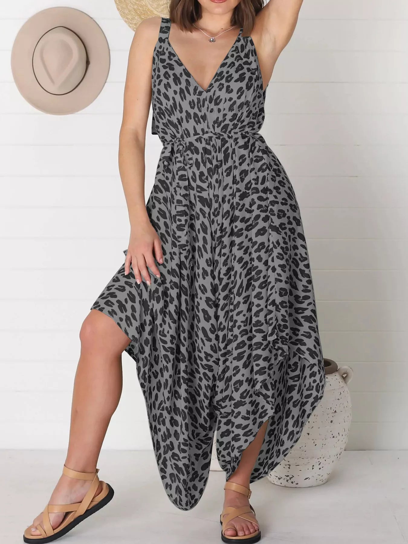 Plus Size Leopard Print V-Neck Wide Leg Jumpsuit with Tie.