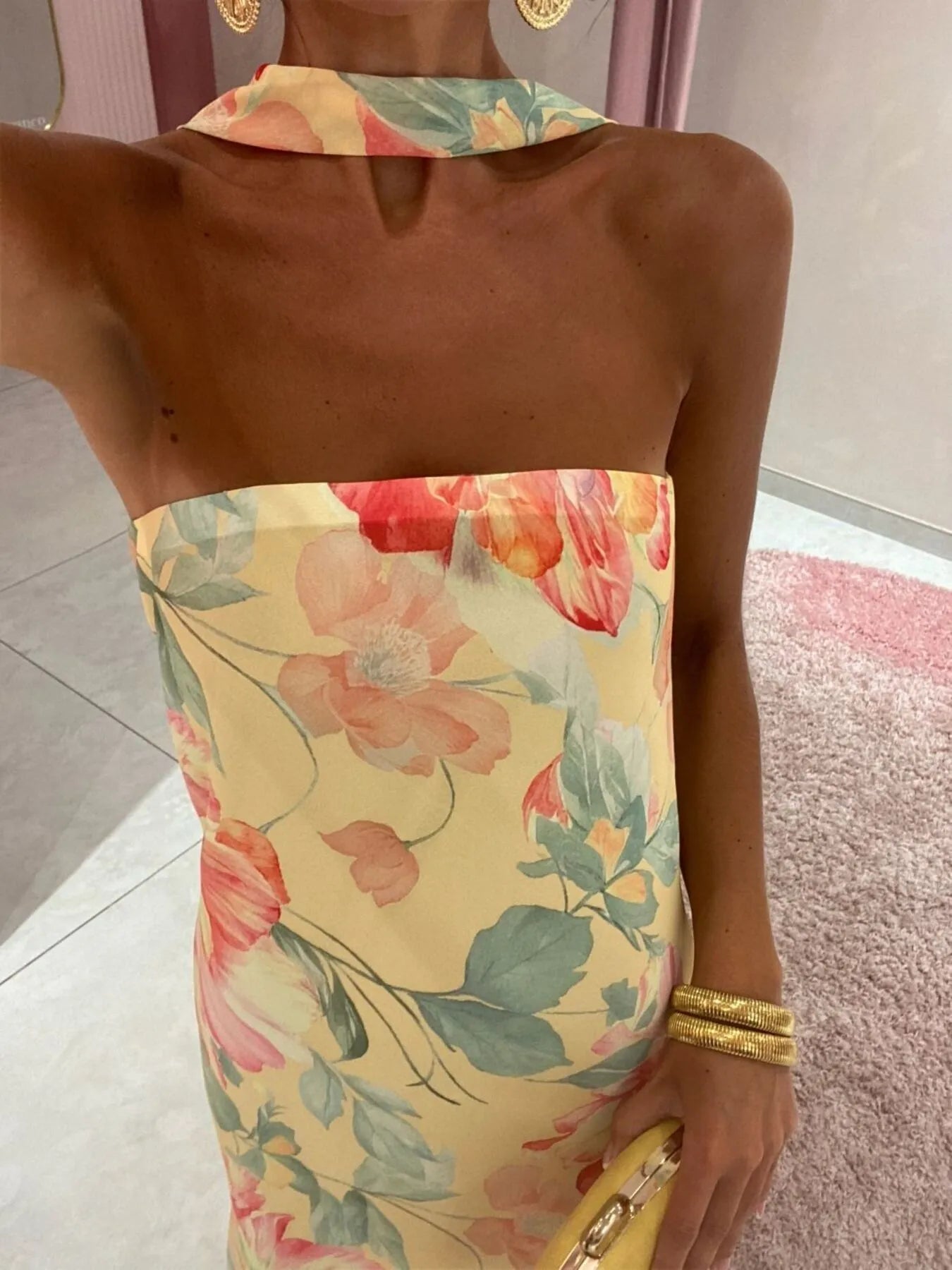 Printed V-Neck Cami Dress - Backless & Cutout.