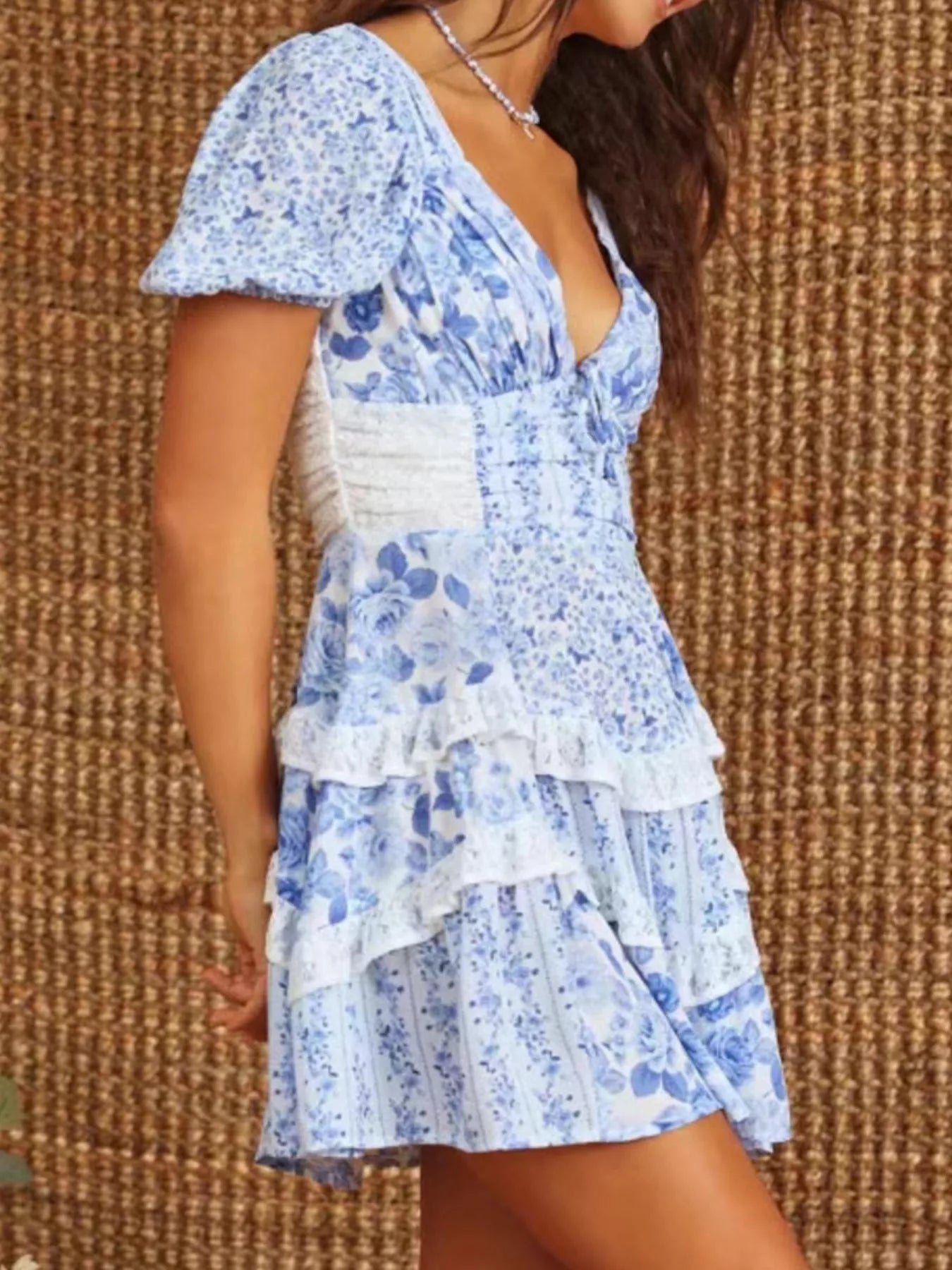 Floral Puff Sleeve V-Neck Mini Dress - Embroidered.