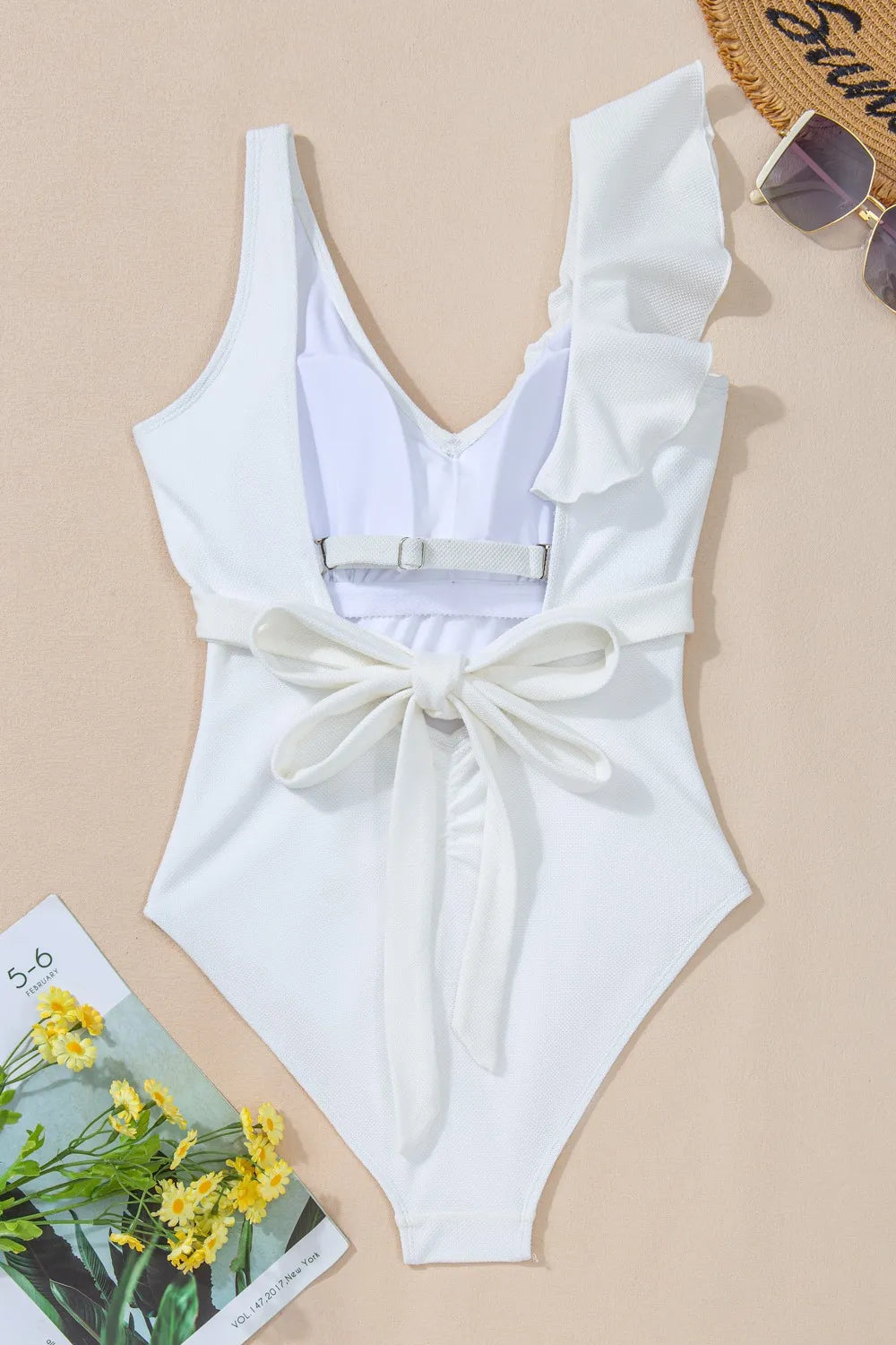 Ruffled V-Neck Wide Strap One-Piece Swimwear with Tie.
