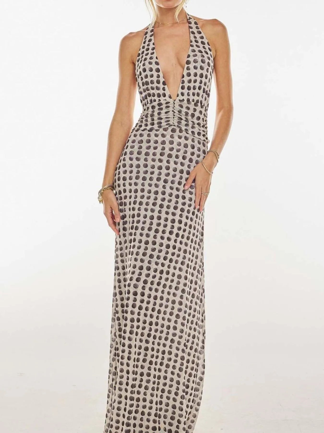 Floral Halter Neck Deep V Maxi Dress - Backless & Ruched.
