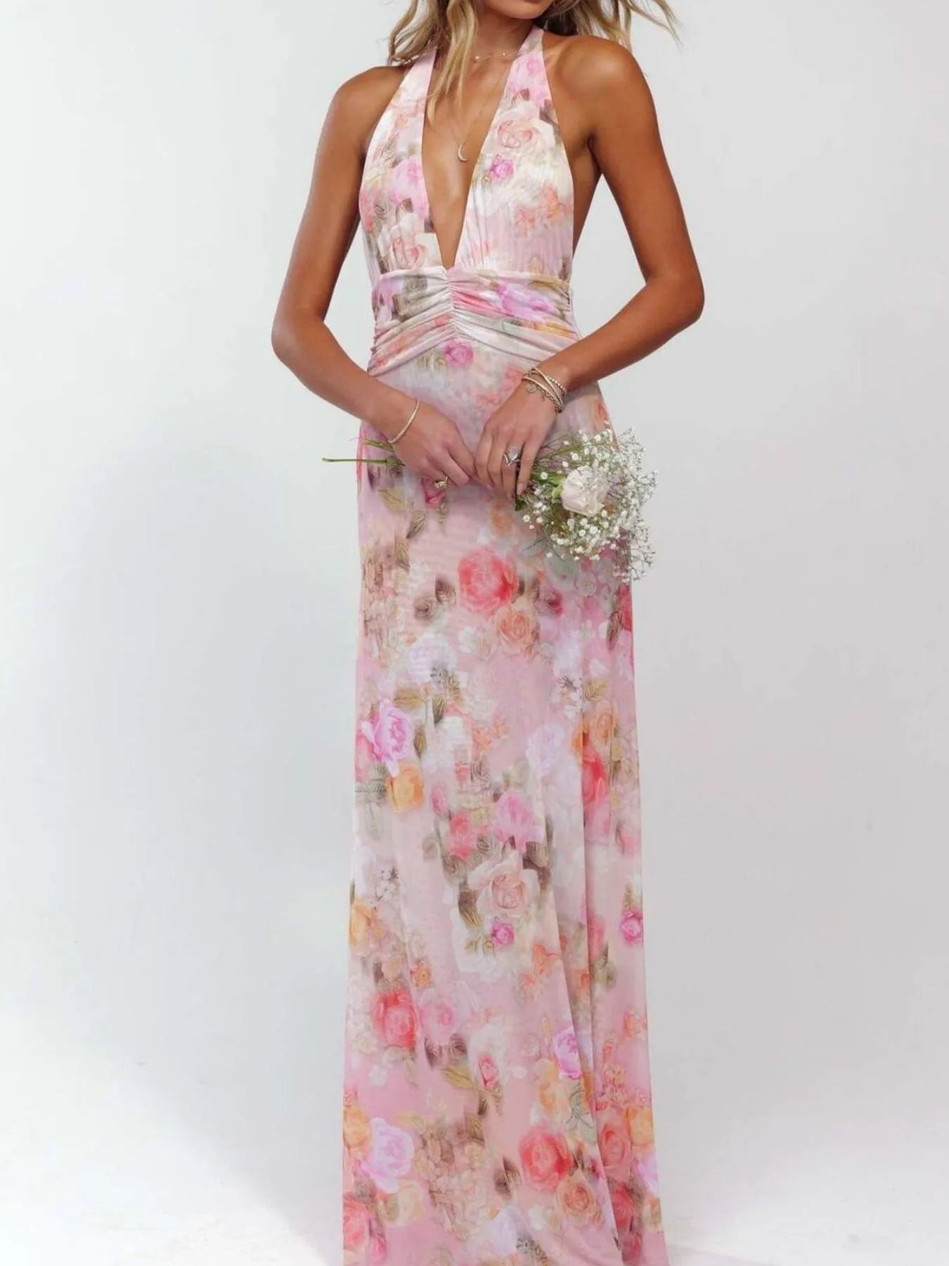 Floral Halter Neck Deep V Maxi Dress - Backless & Ruched.