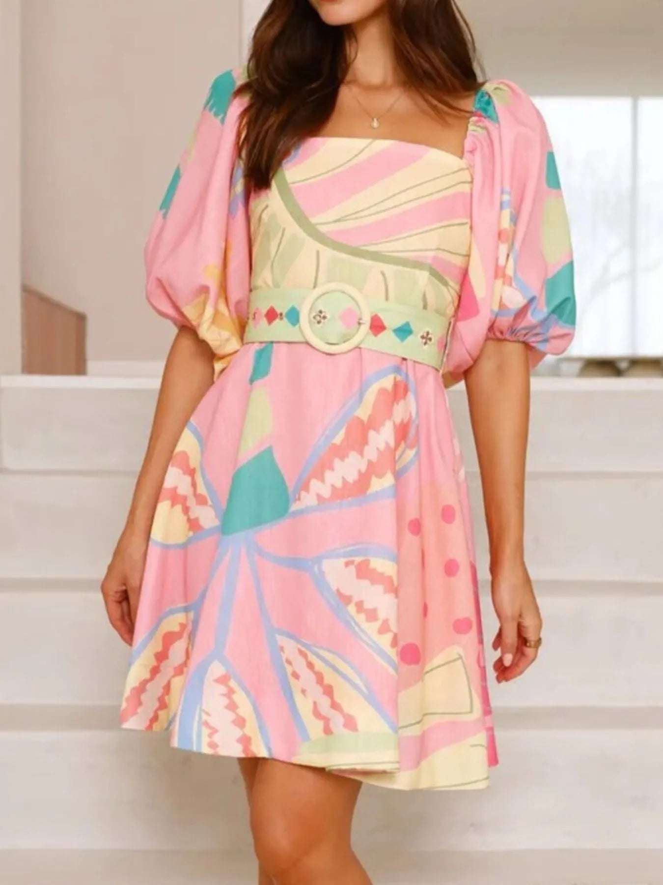Plus Size Printed Square Neck Tie Back Maxi Dress with Pockets.
