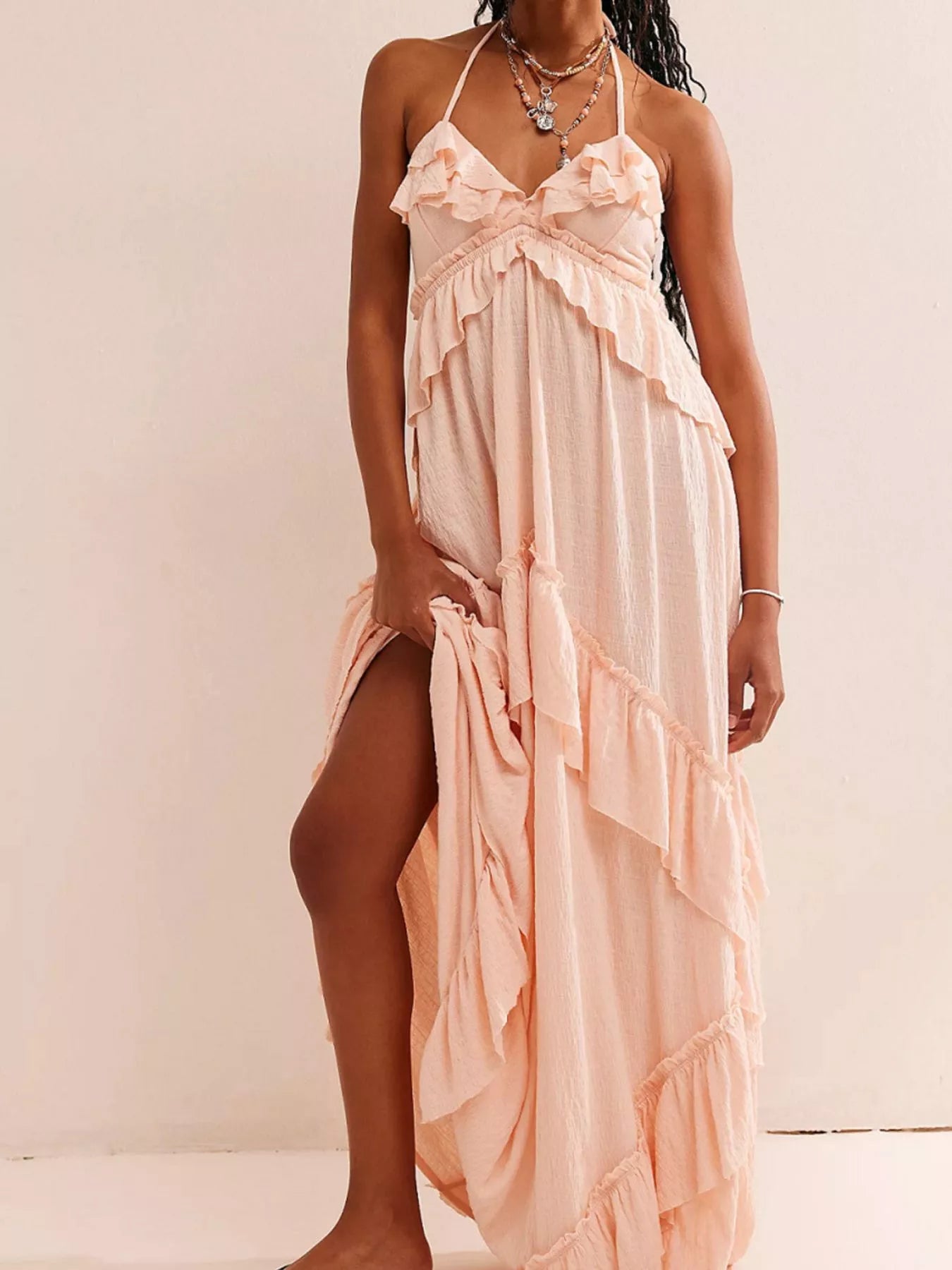 Ruffled Hem Balloon Sleeve Dress - Smocked & Off-Shoulder.