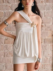 Ruched One-Shoulder Mini Dress - Tied & Asymmetrical.