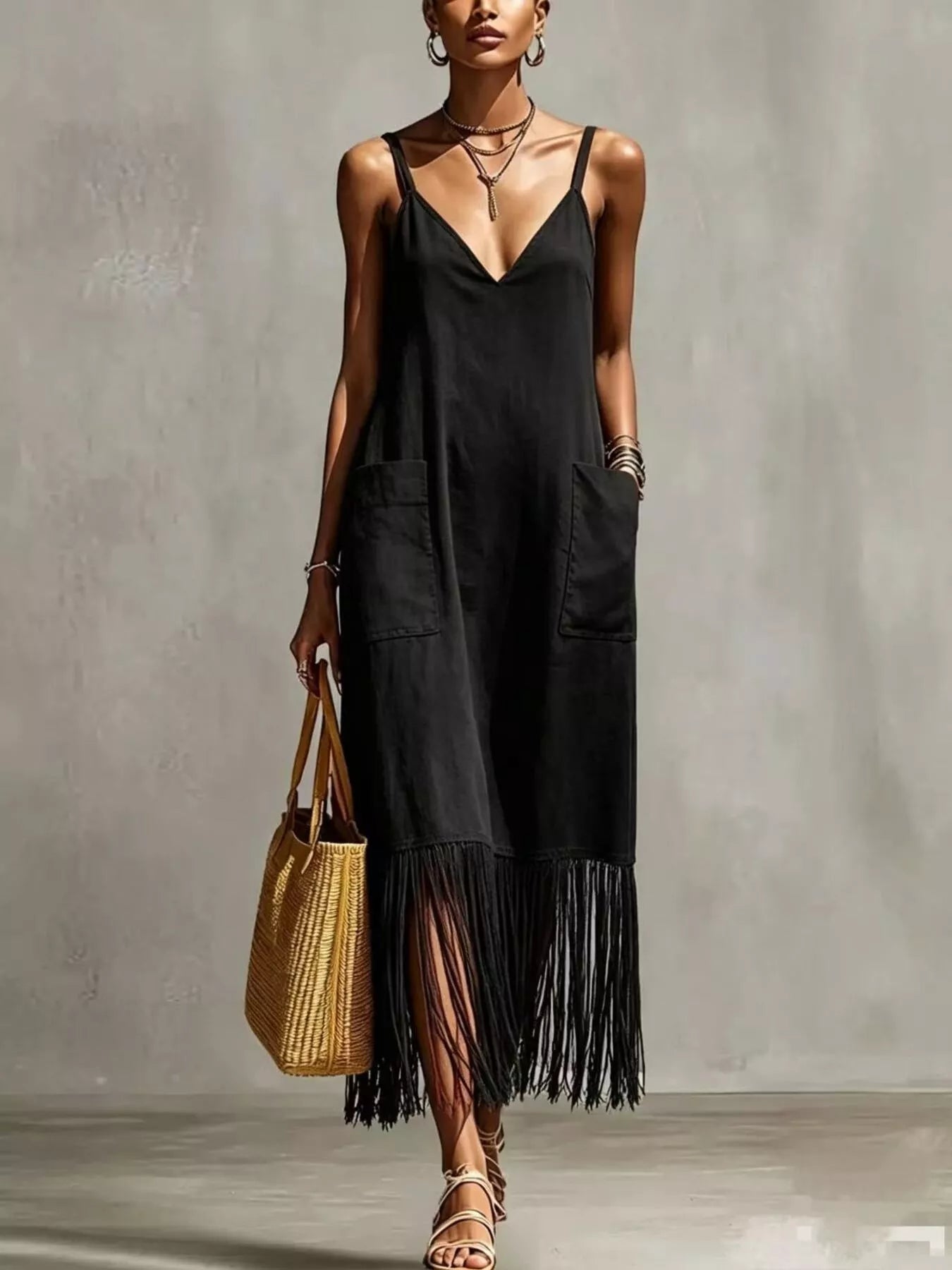 Plus-size V-neck spaghetti strap midi dress with fringe hem and pockets