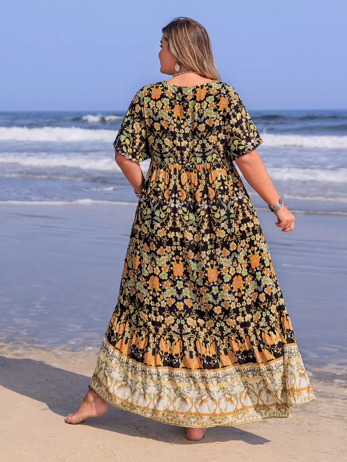 Plus Size Boho Ruffled Maxi Dress with Flutter Sleeves - Basic.