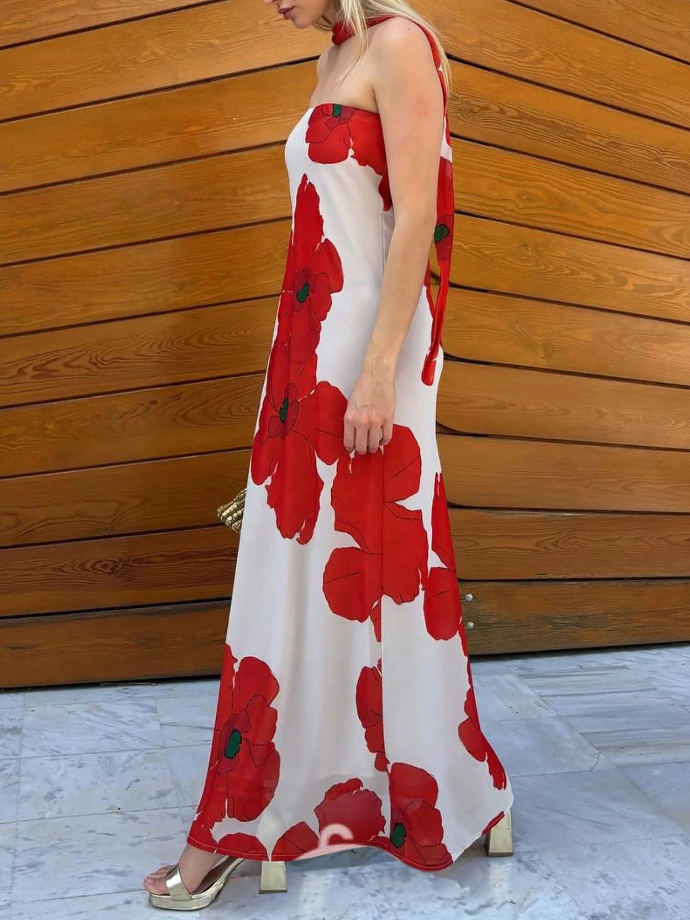 Printed V-Neck Cami Dress - Backless & Cutout.