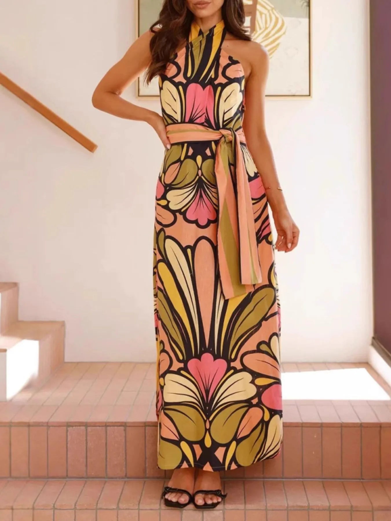 Printed Halter Neck Midi Dress with Ruffles.