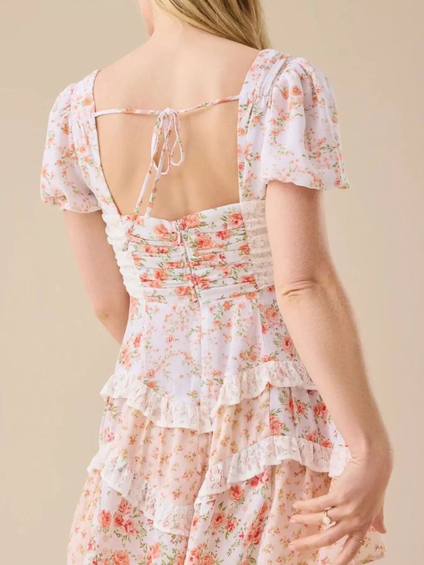 Floral Puff Sleeve V-Neck Mini Dress - Embroidered.