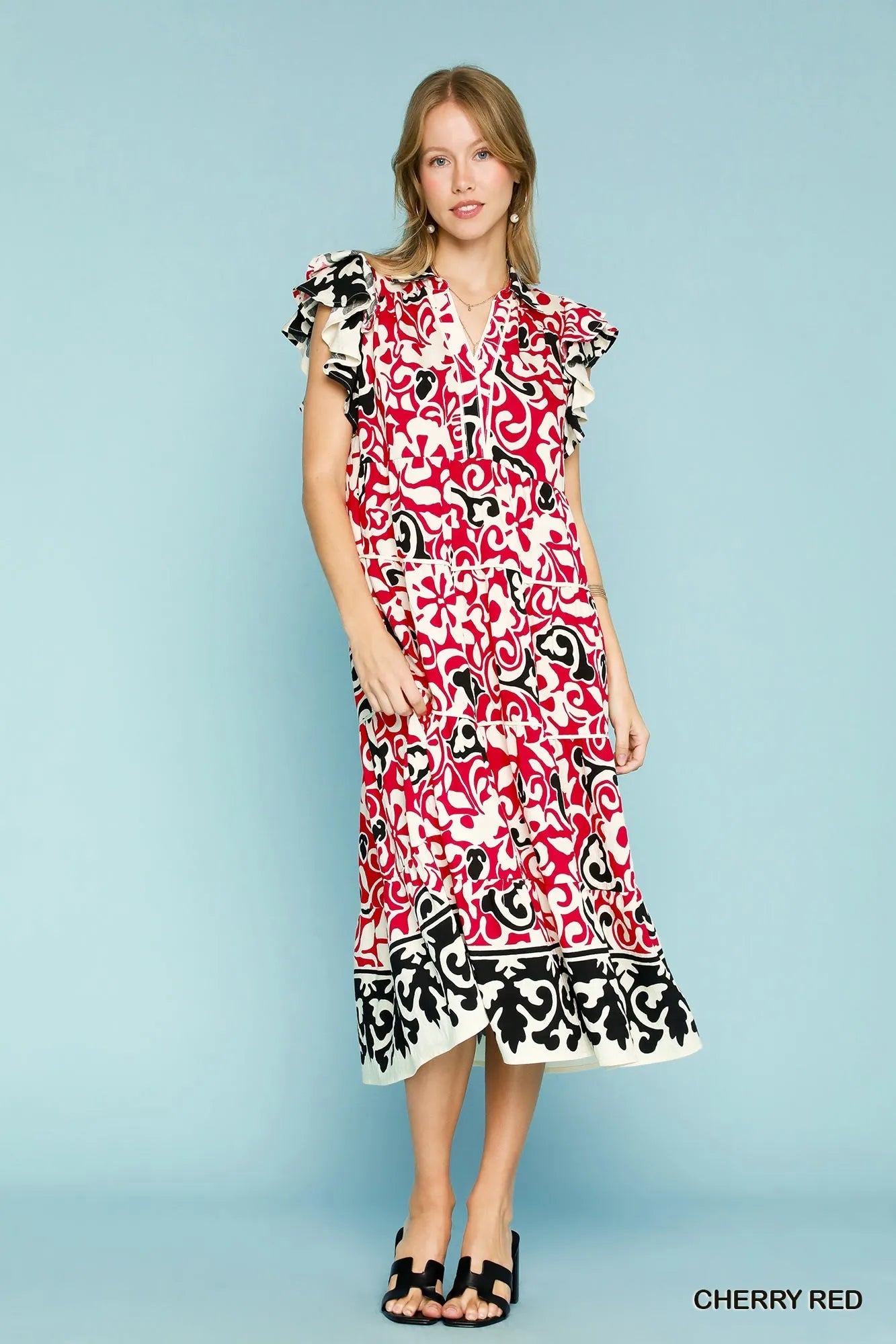 Printed Ruffled Layered Tube Dress with Zipper.