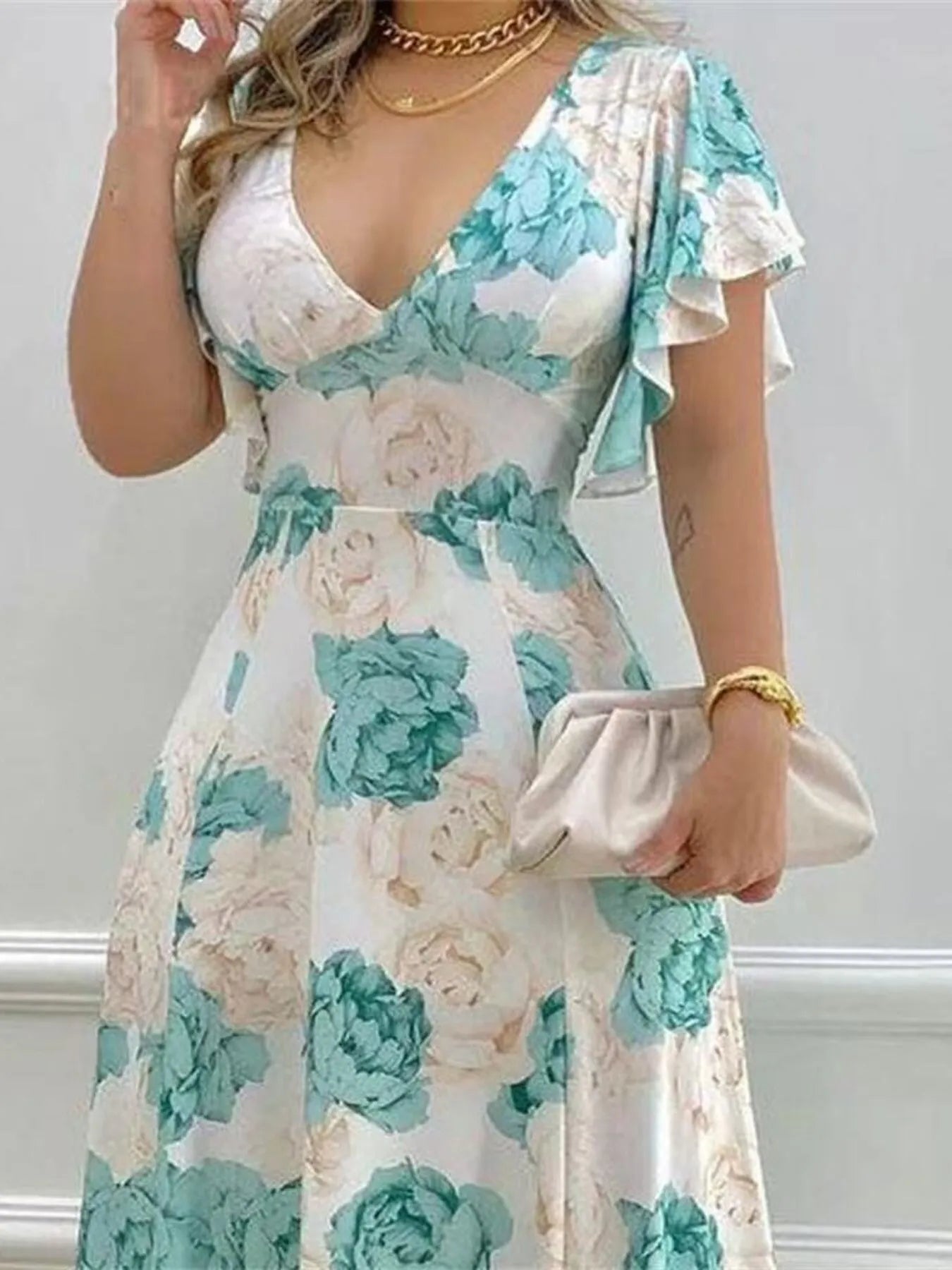 Plus Size Floral V-Neck Mini Dress - Ruched.
