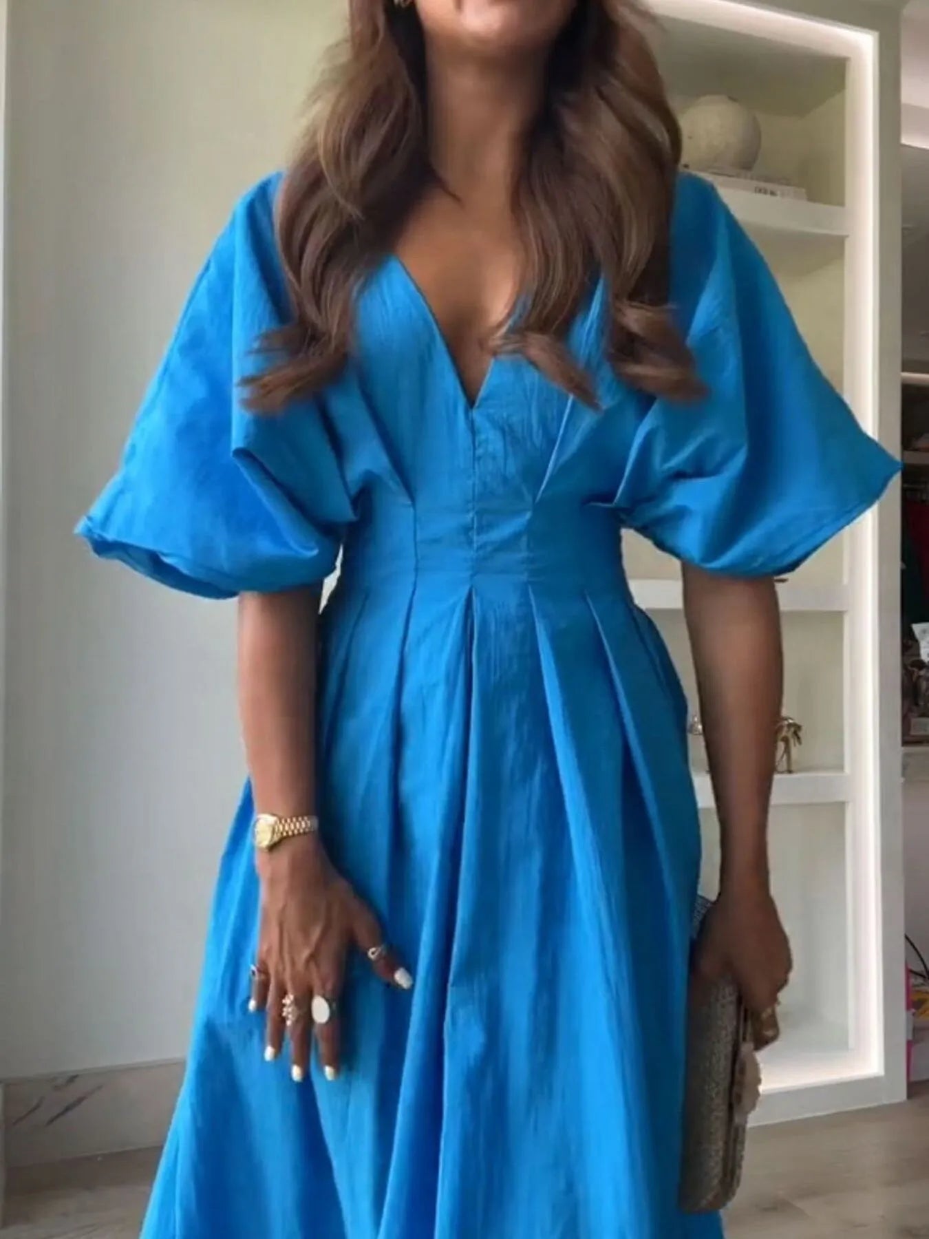 V-Neck Ruffle Sleeve Mini Dress.