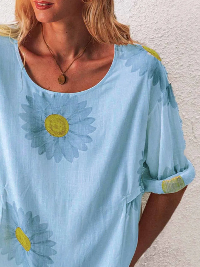 Flower Round Neck Half Sleeve T-Shirt Plus Size
