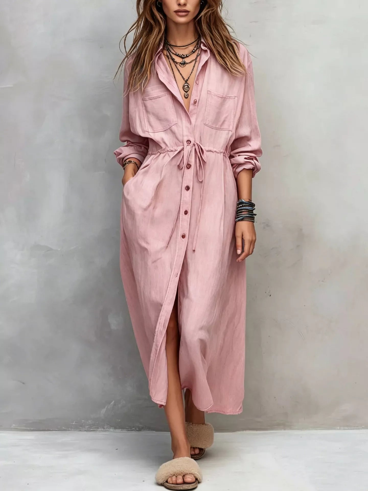 Plus size blue button-front shirt dress with long sleeves, drawstring waist, pockets, and side slit