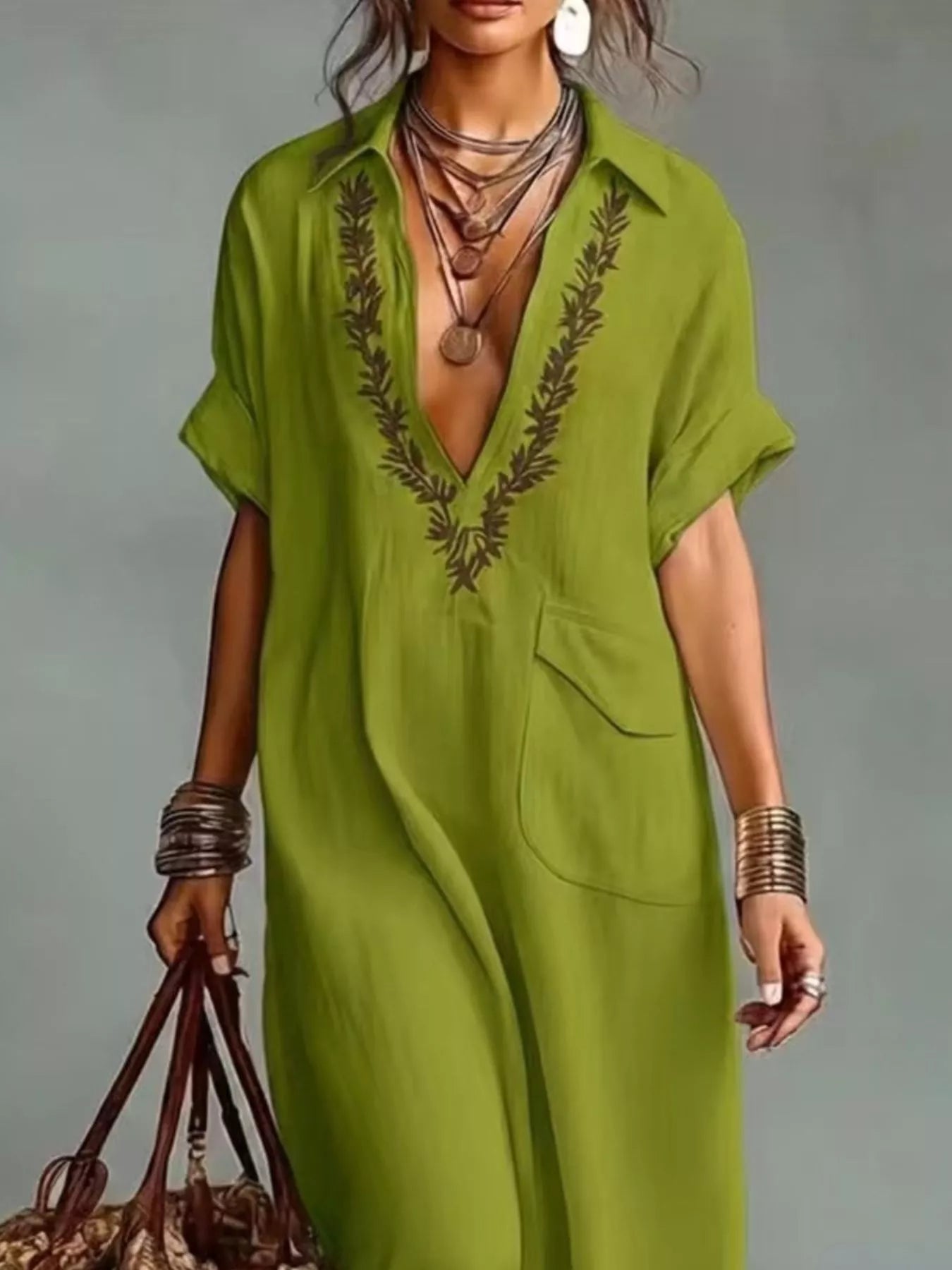 Bohemian embroidered maxi dress with short sleeves and V-neck, shown in apricot, black, blue, green and yellow