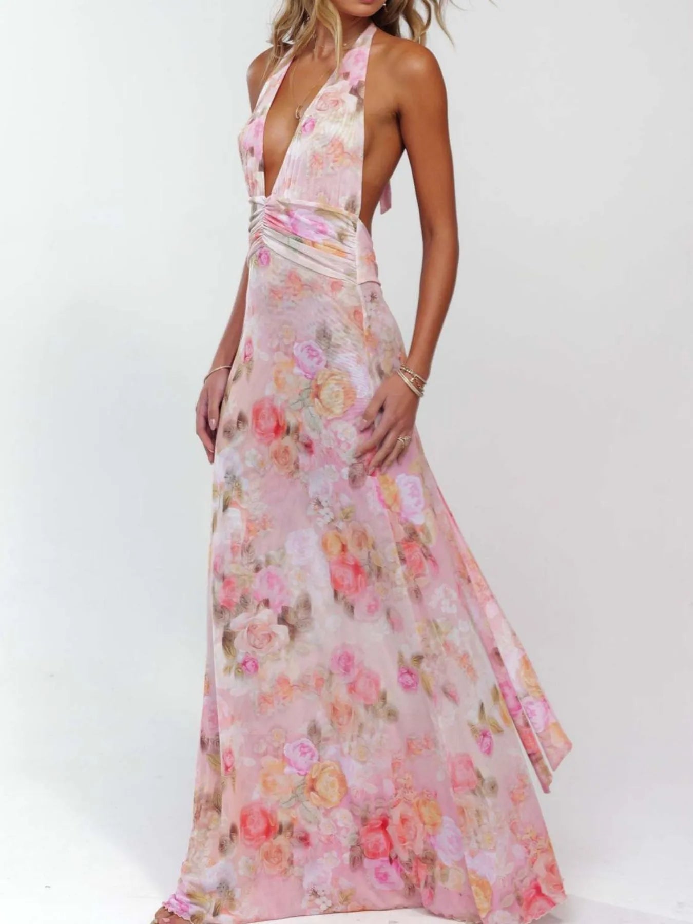 Floral Halter Neck Deep V Maxi Dress - Backless & Ruched.