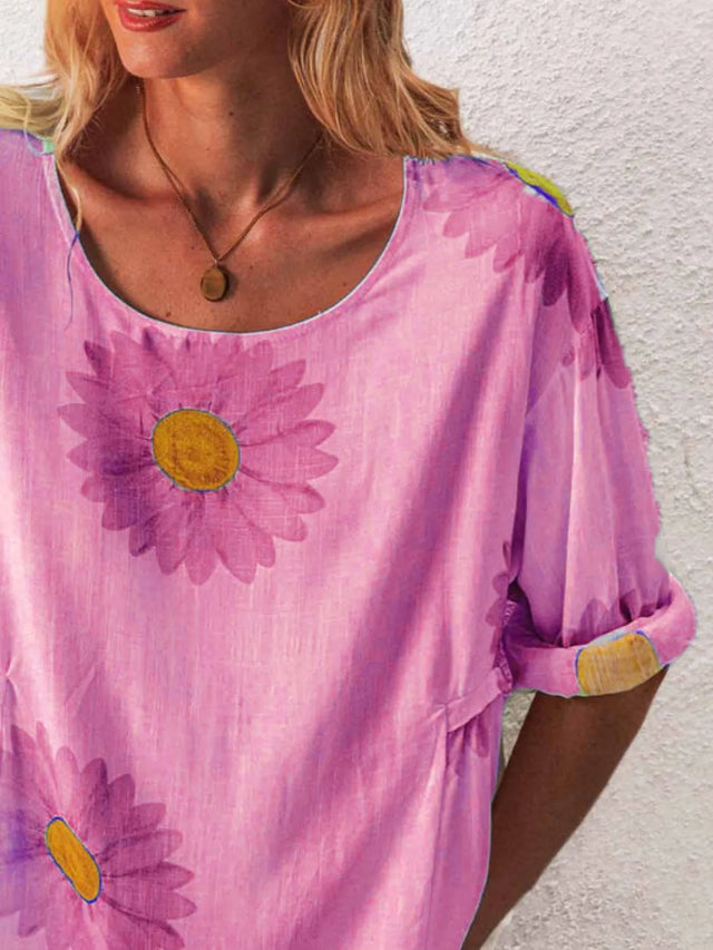 Flower Round Neck Half Sleeve T-Shirt Plus Size