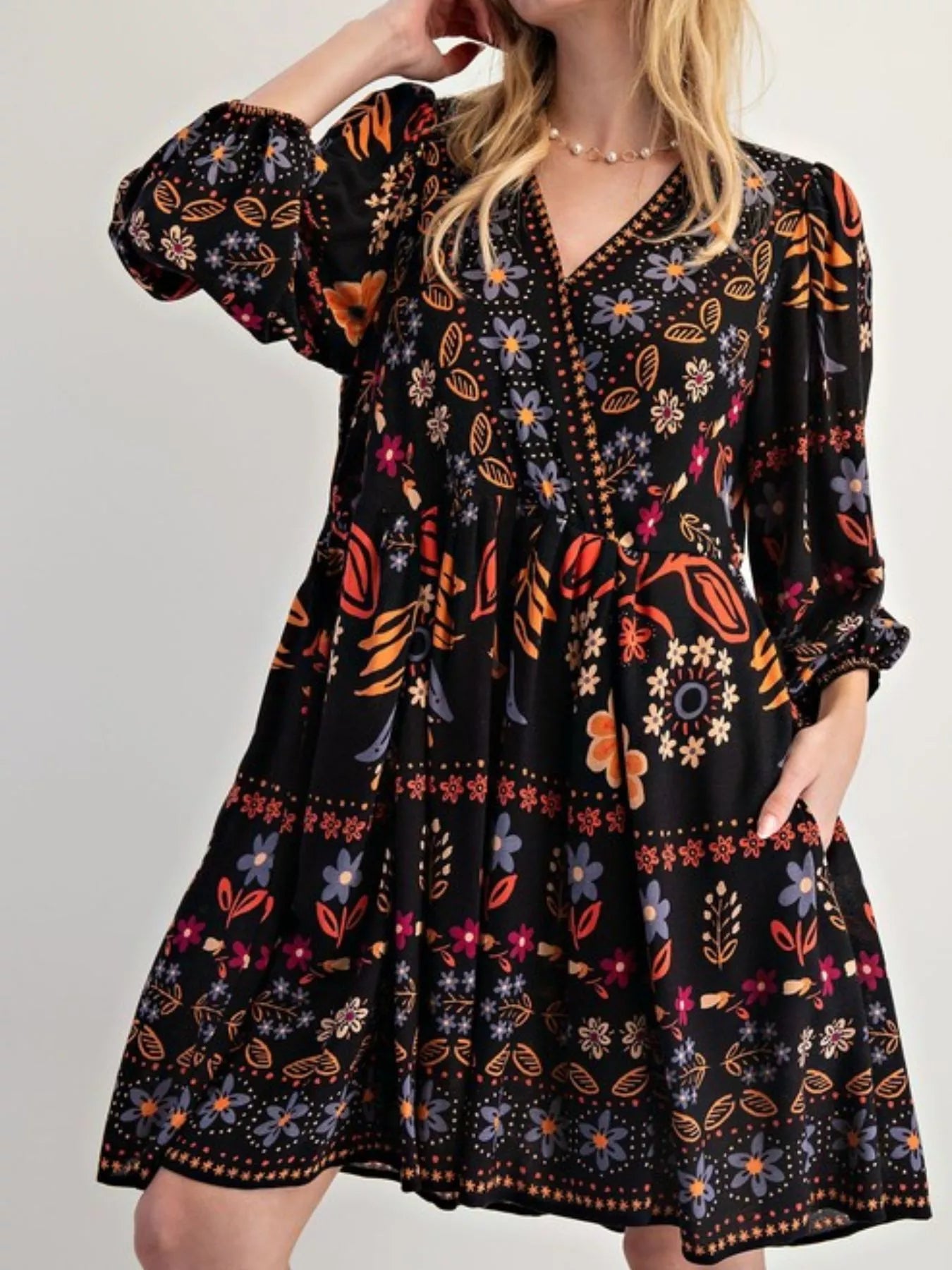Bohemian Floral Print Long Sleeve Mini Dress with Pockets.