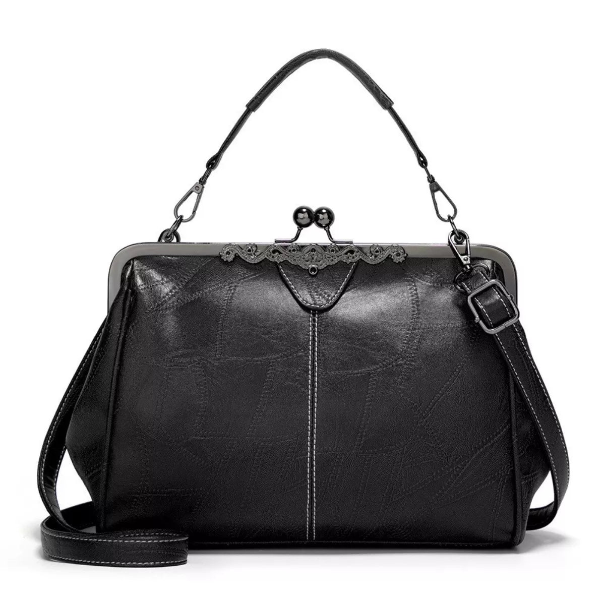 Medium black PU leather handbag with a structured silhouette, kiss-lock frame closure, top handle, detachable shoulder strap, and decorative trim.