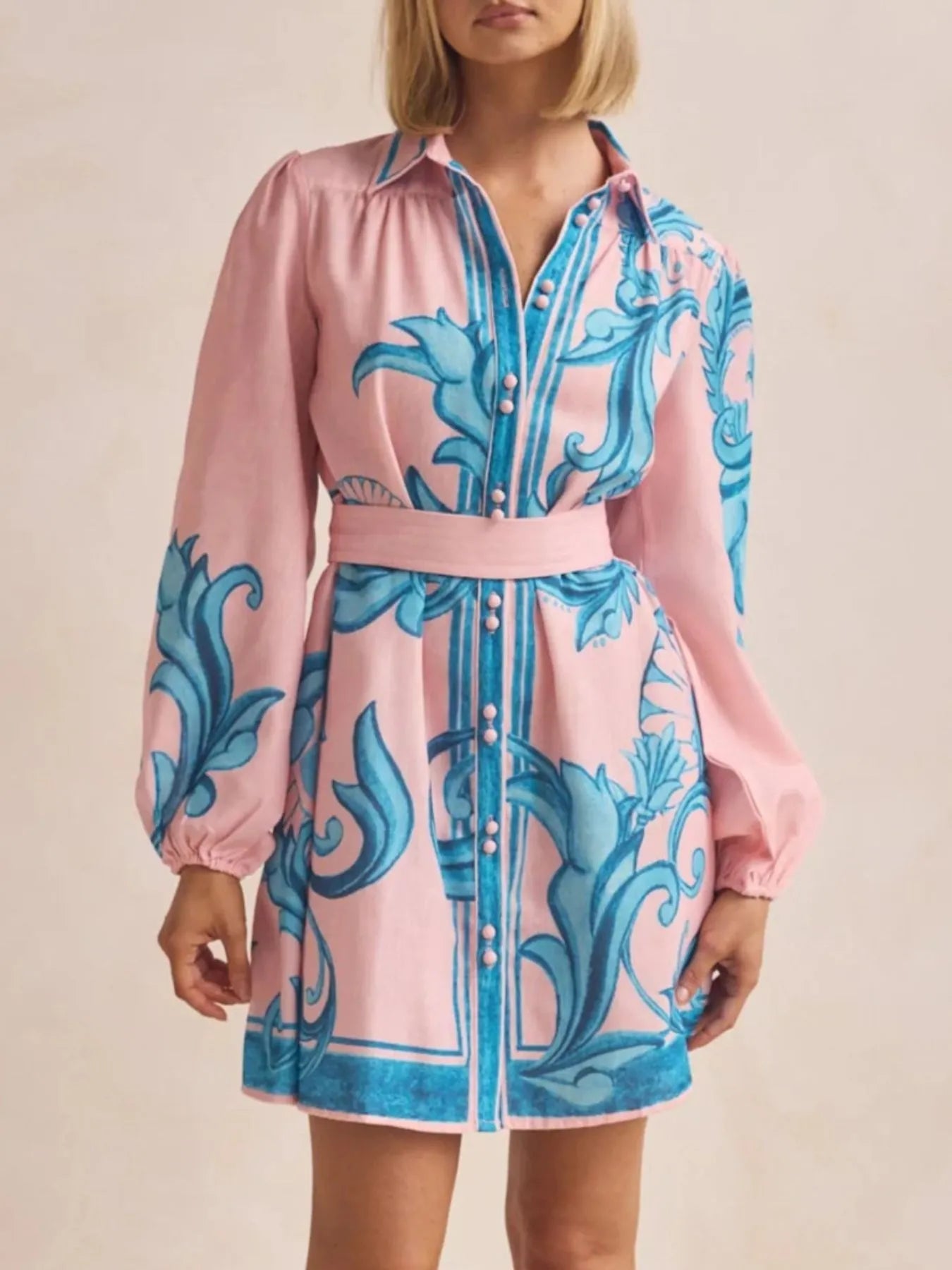 Printed Long Sleeve Shirt Dress with Tied Detail.