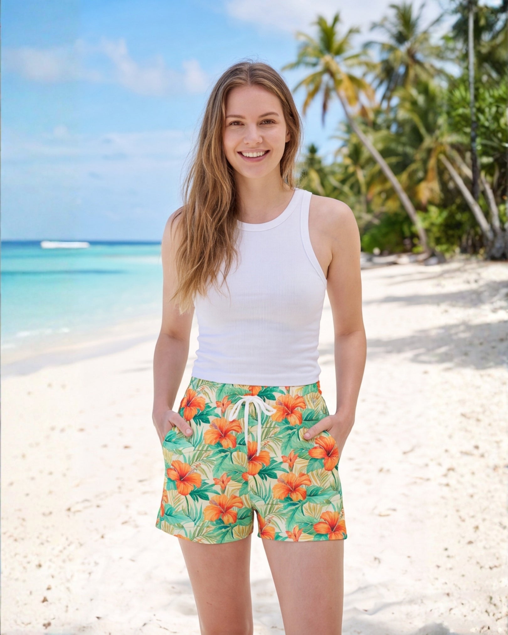 Womens Beach Shorts - Sunrise Lagoon
