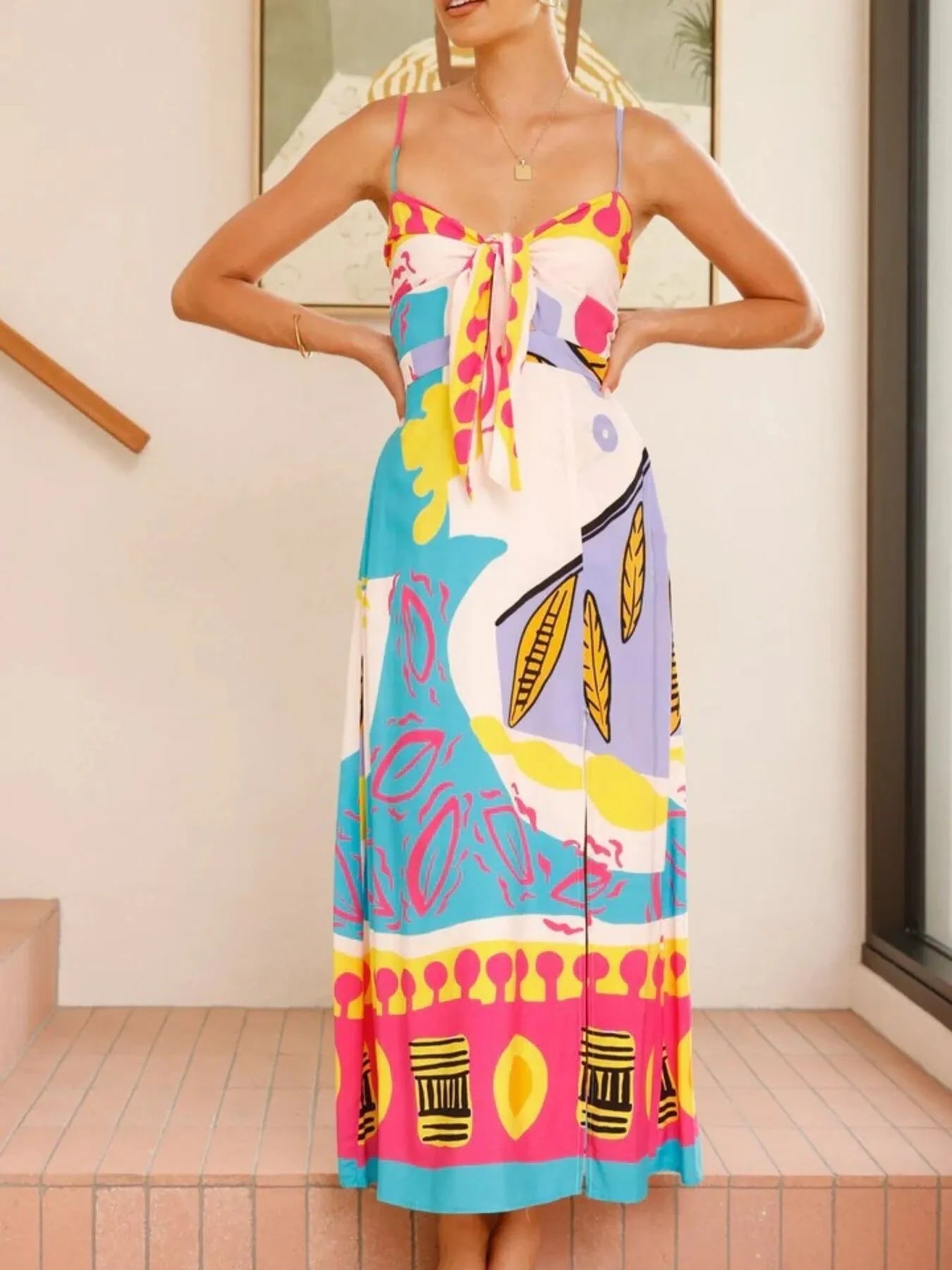 Tie-Dye Tie Waist Wrap Dress with Slit.