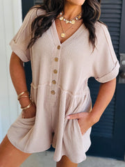 Casual Button-Front Ribbed Romper with Pockets.