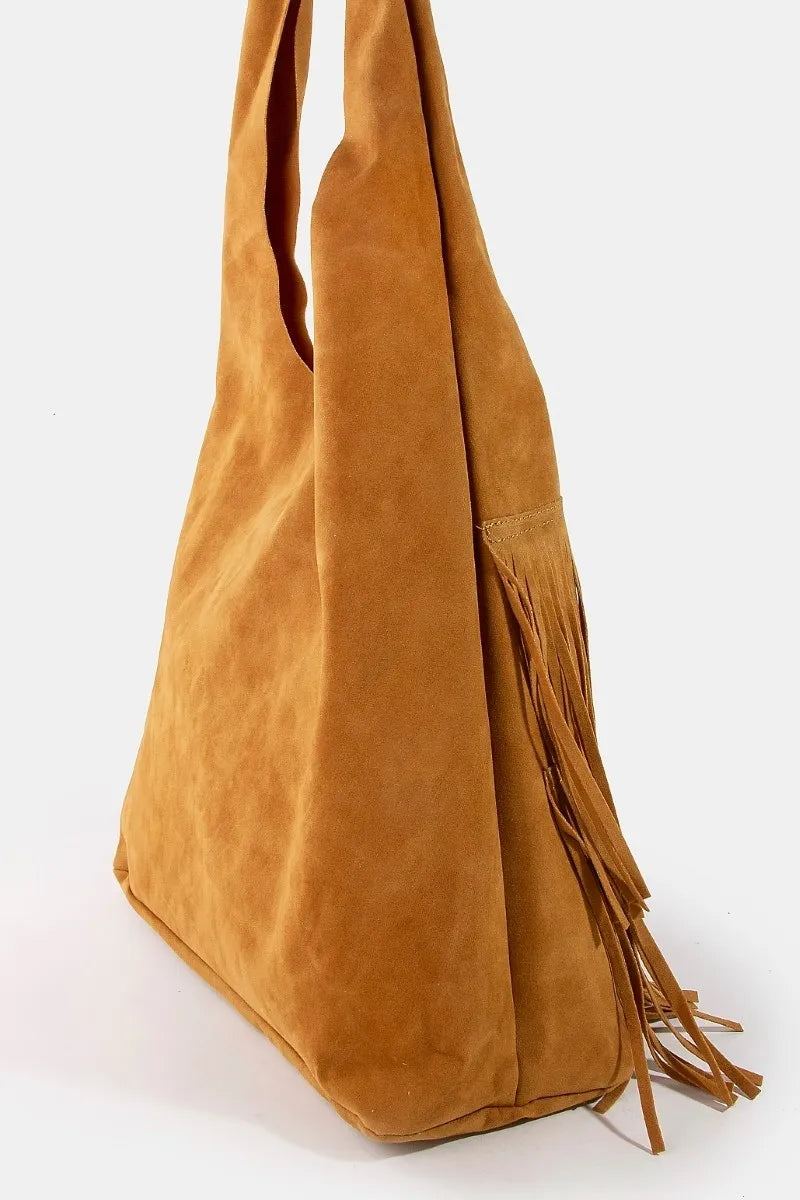 Layered Fringe Detail Suede Hobo Bag - Large Brown.