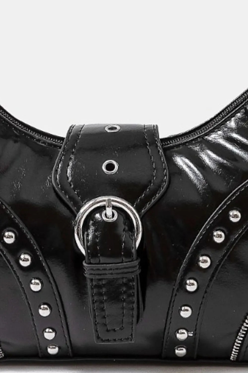 Faux Leather Studded Trim Shoulder Bag - Black Rock-Chic.