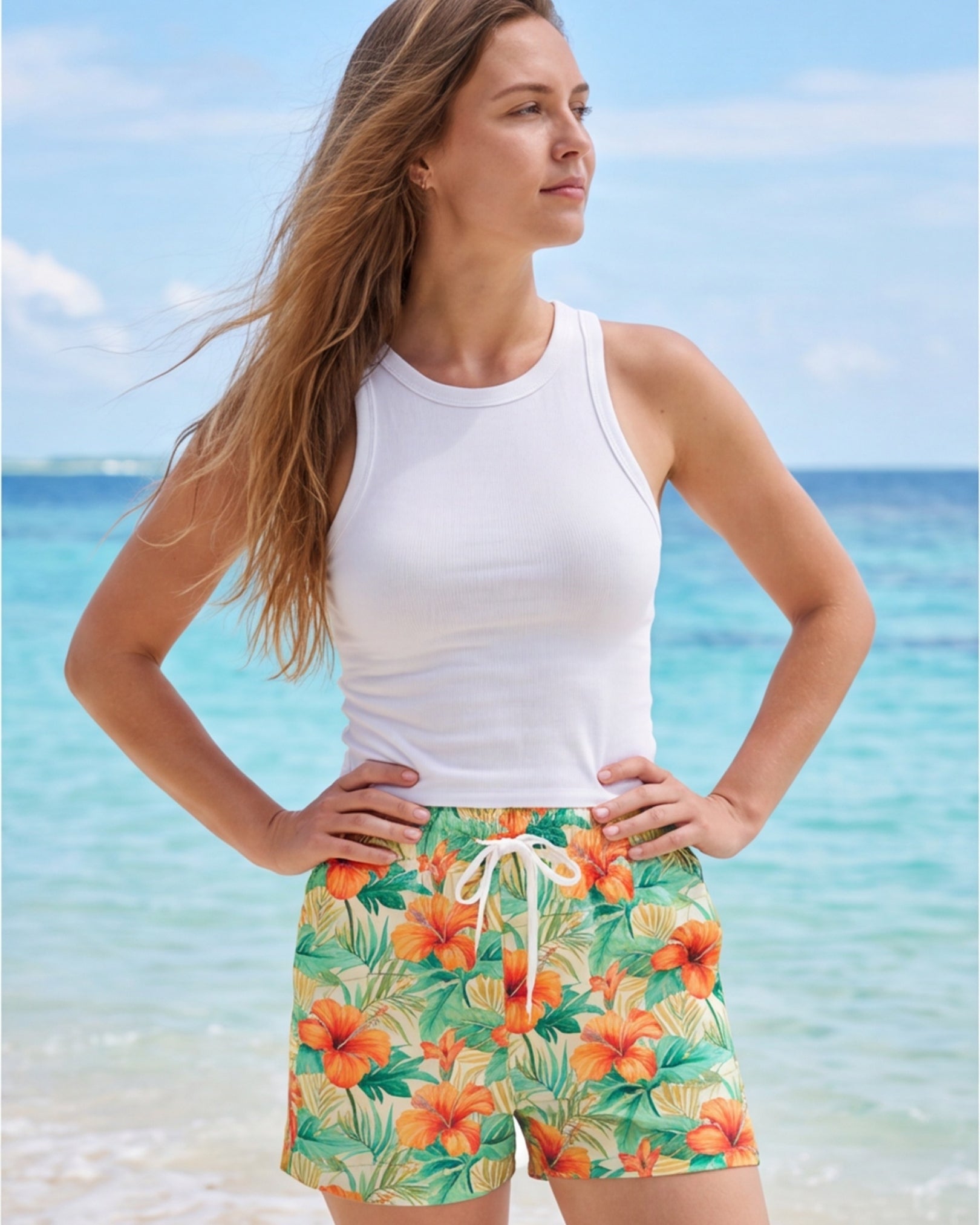 Womens Beach Shorts - Sunrise Lagoon
