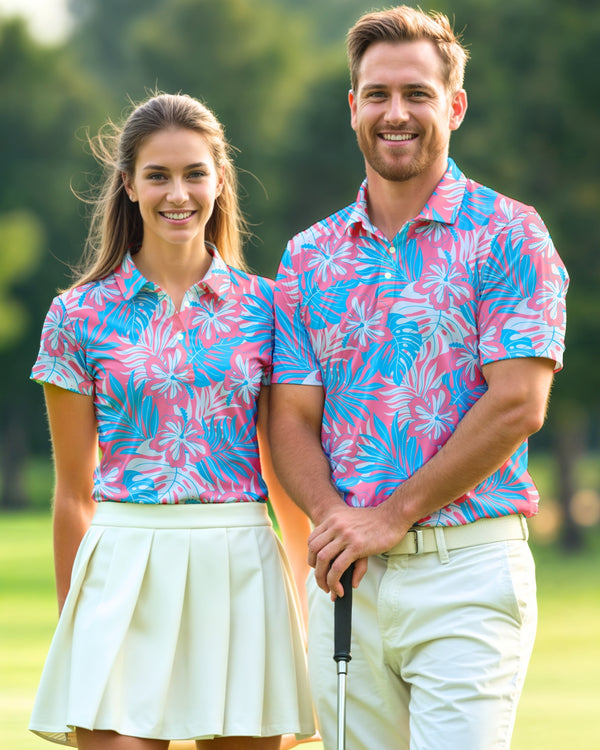 Family & Couples Matching Golf Polos - Light Blue & Pink Tropical Floral