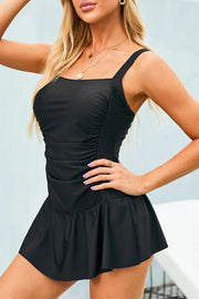 Ruched Square Neck Sleeveless One-Piece Swimwear - Tummy Control.