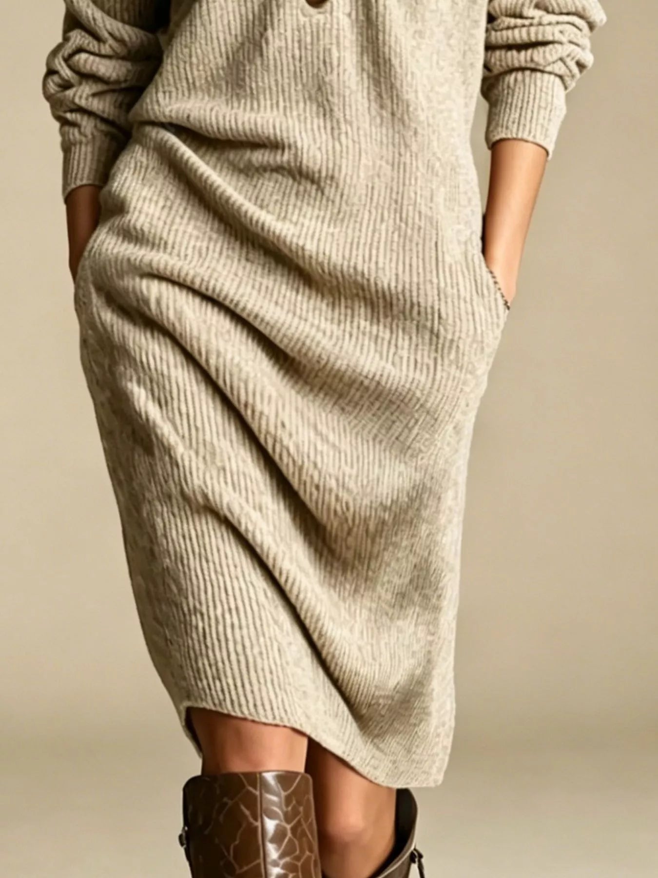 Long-sleeve ribbed knit midi dress with V-neck, half-button front, and side pockets
