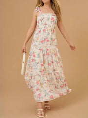 Floral Smocked Tie-Shoulder Midi Dress - Tiered.