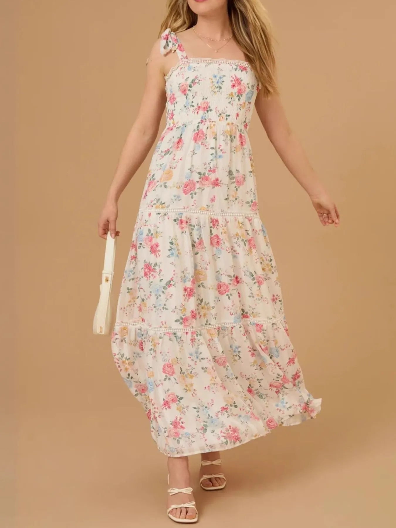 Floral Smocked Tie-Shoulder Midi Dress - Tiered.