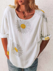 Flower Round Neck Half Sleeve T-Shirt Plus Size