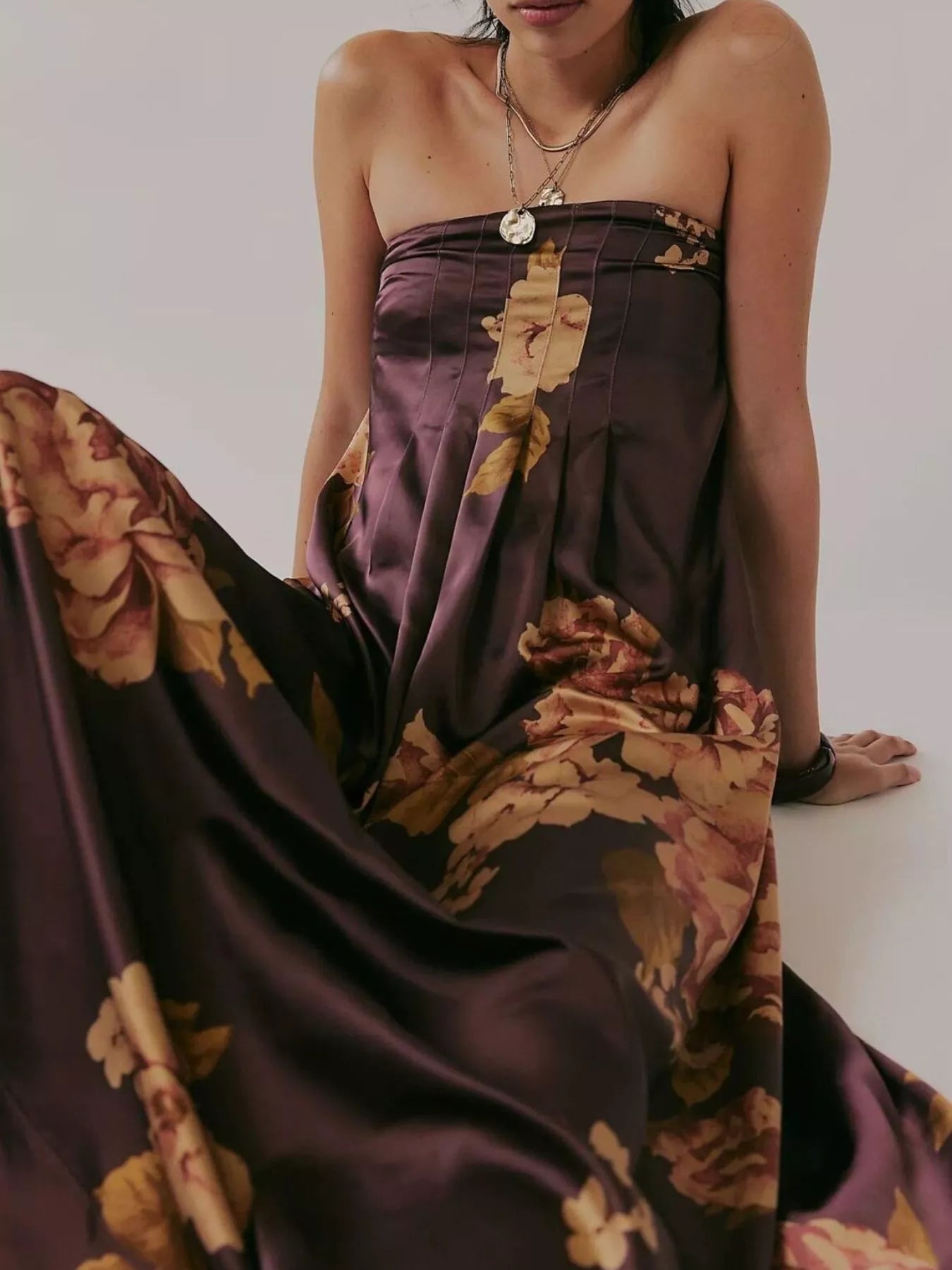 Floral Print Smocked Midi Dress with Front Slit - Ruffled & Tied.