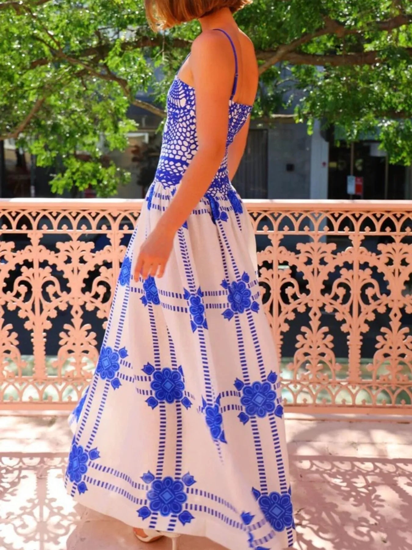 Printed Square Neck Maxi Cami Dress with Pocket and Tie.