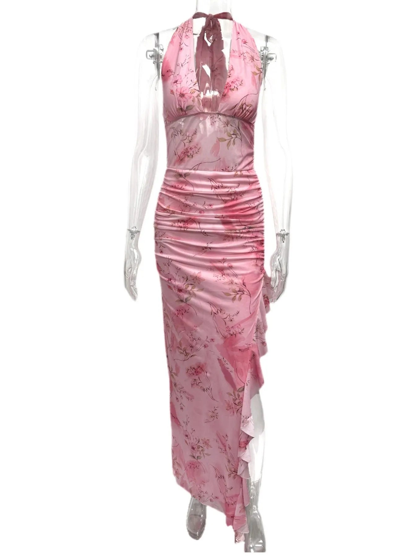 Ruffled Floral V-Neck Cap Sleeve Dress.