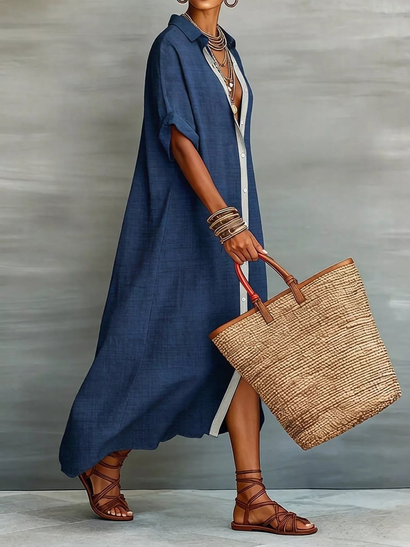 Beige maxi shirt dress with collared neckline, button-down front, short sleeves, and relaxed fit