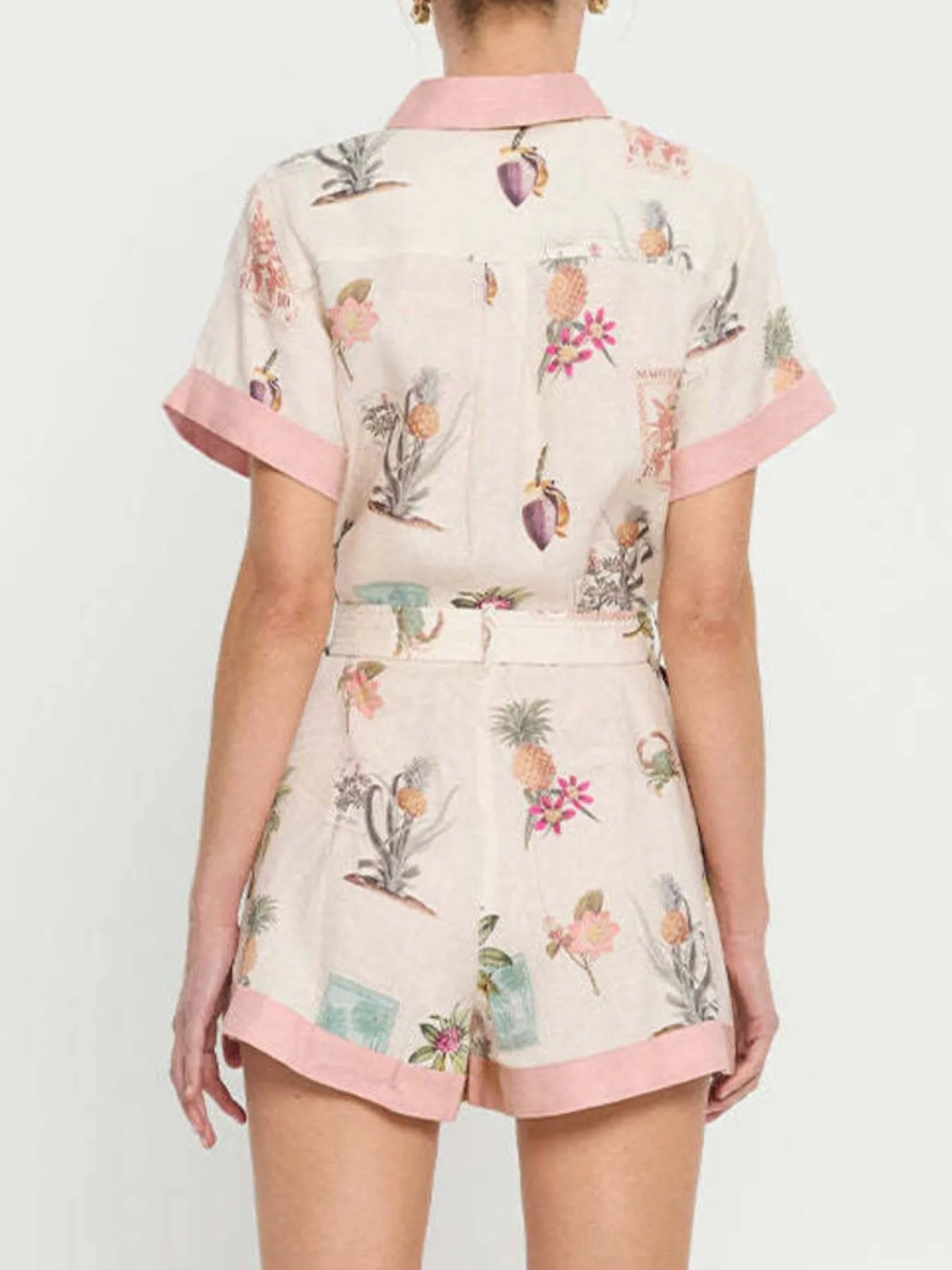 Printed Short Sleeve Romper with Belt and Pockets.
