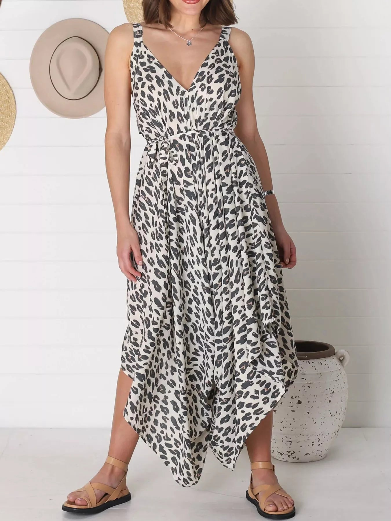 Plus Size Leopard Print V-Neck Wide Leg Jumpsuit with Tie.